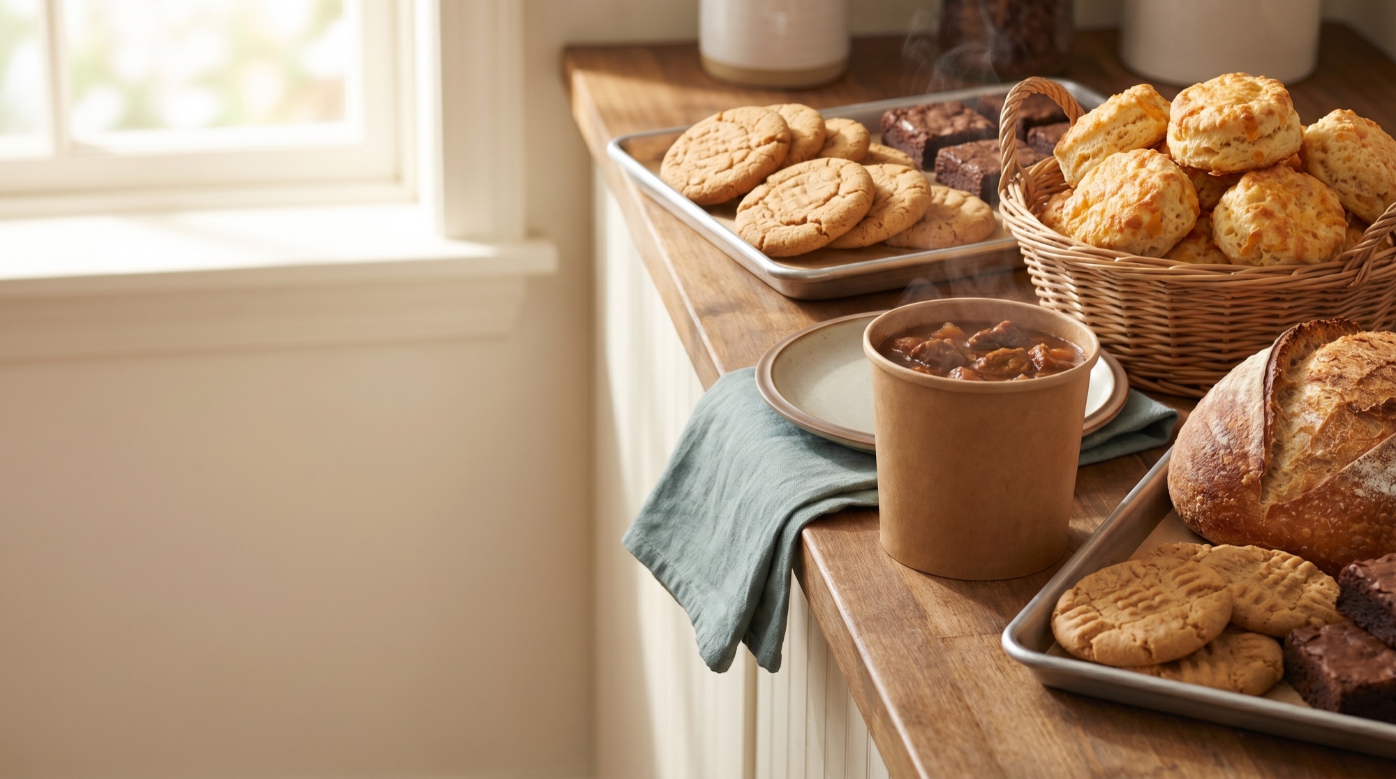 The Eats & Treats Bakery and Cafe bakery counter and treats in warm natural light